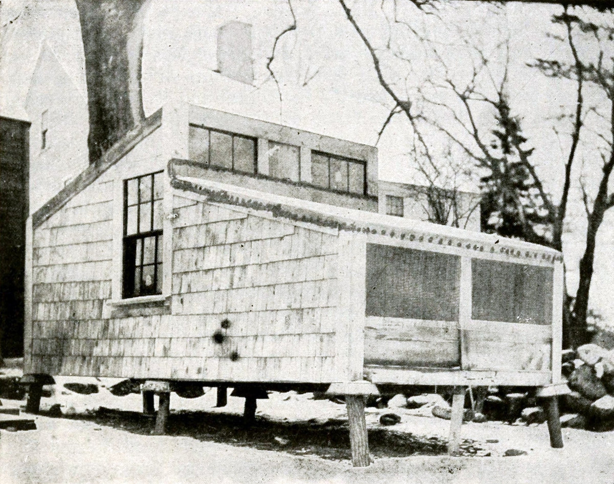 Dr. Prince T. Woods' experimental open-front poultry house at Topsfield, Massachusetts, 1908, with its wire-covered south front