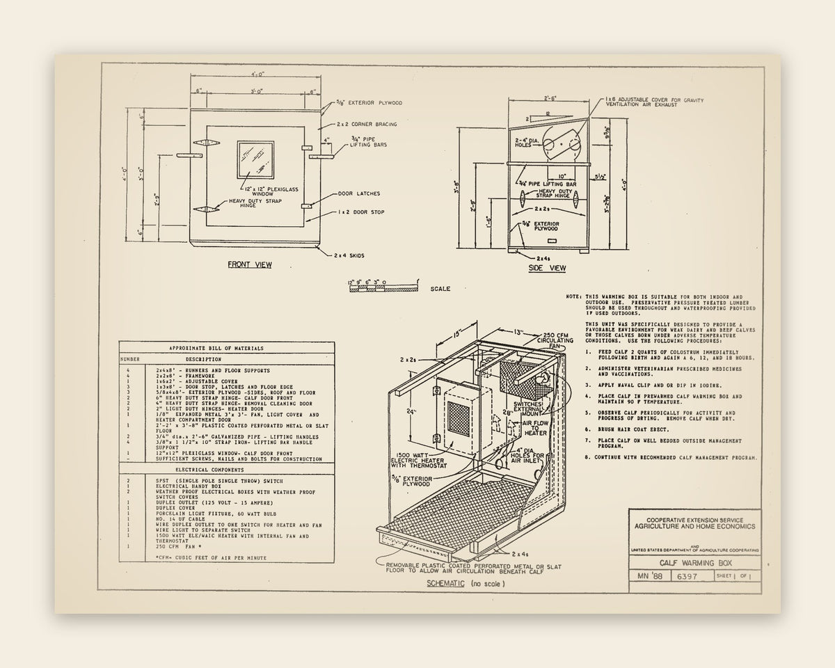 The original USDA plan 6397 sheet for the calf warming box, public domain, restored