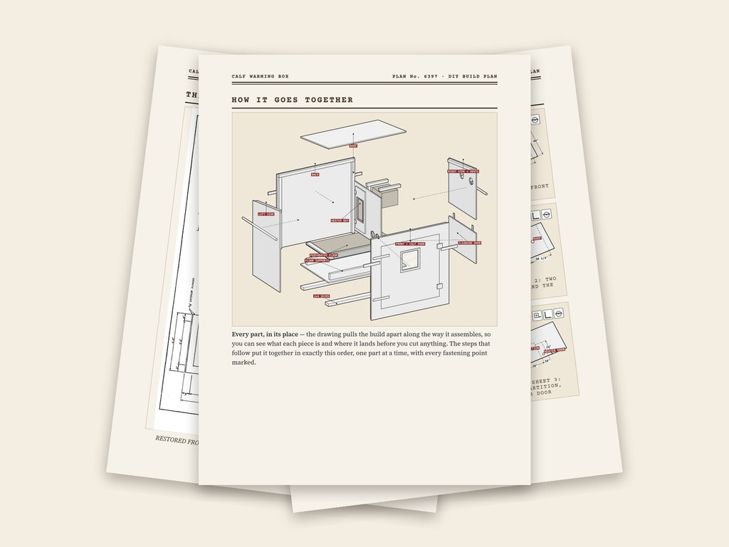 Inside the calf warming box plan: original sheet, exploded drawing and assembly steps