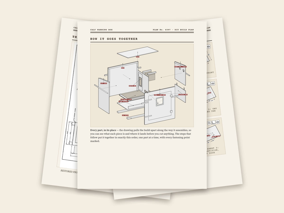 Inside the calf warming box plan: original sheet, exploded drawing and assembly steps