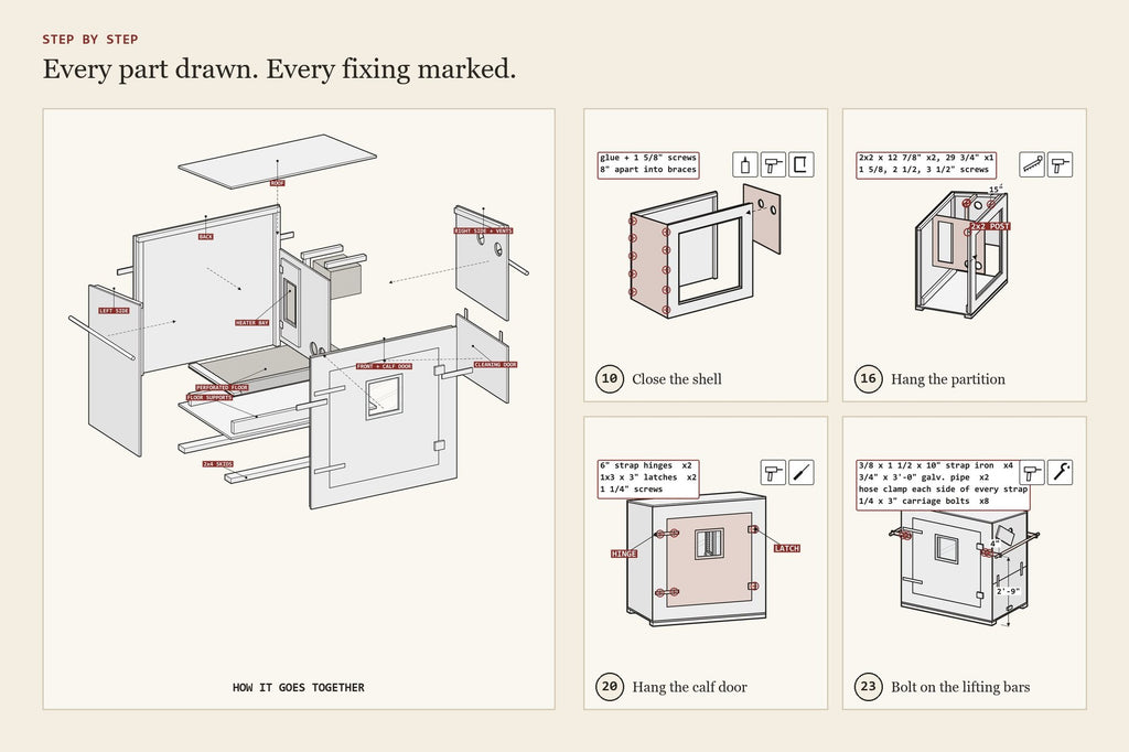 Step-by-step assembly drawings from the calf warming box plan