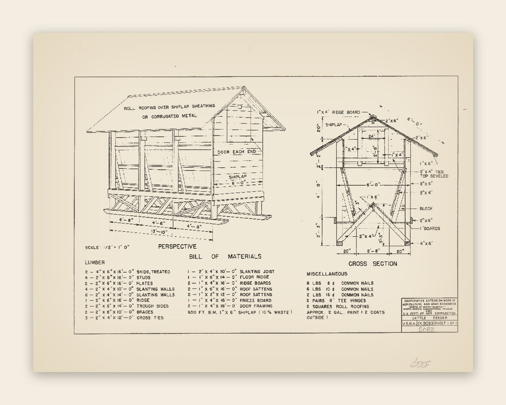The original USDA plan 5083 sheet for the cattle feeder, public domain, restored