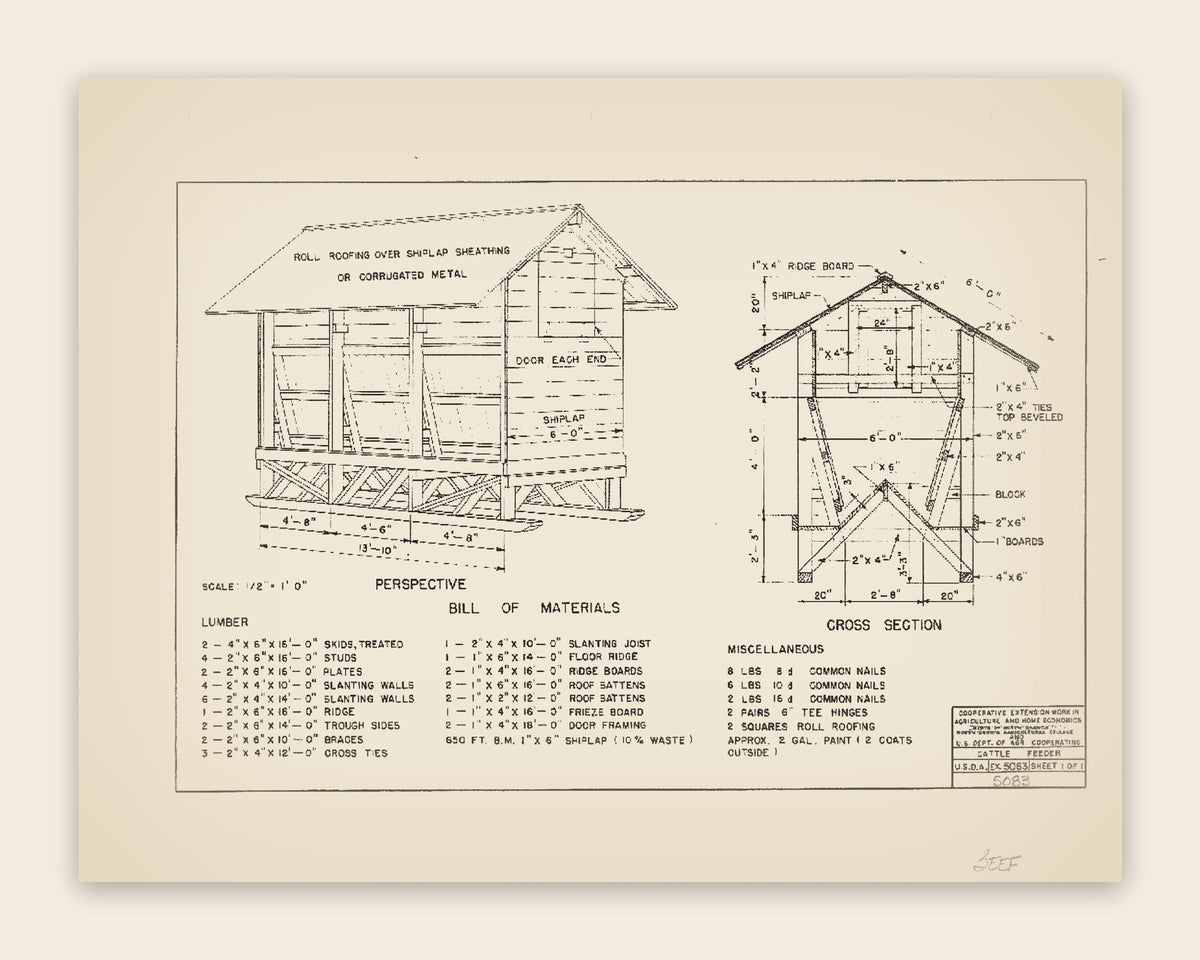 The original USDA plan 5083 sheet for the cattle feeder, public domain, restored