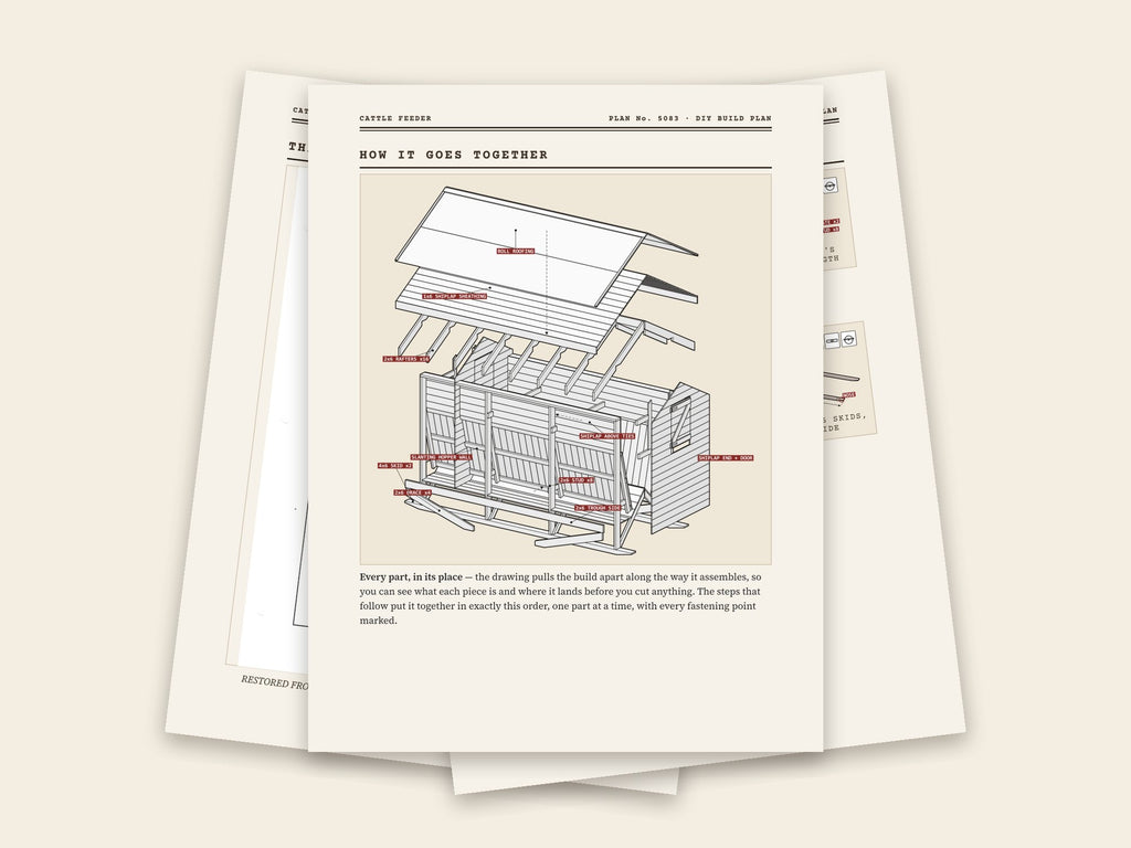 Inside the cattle feeder plan: original sheet, exploded drawing and assembly steps