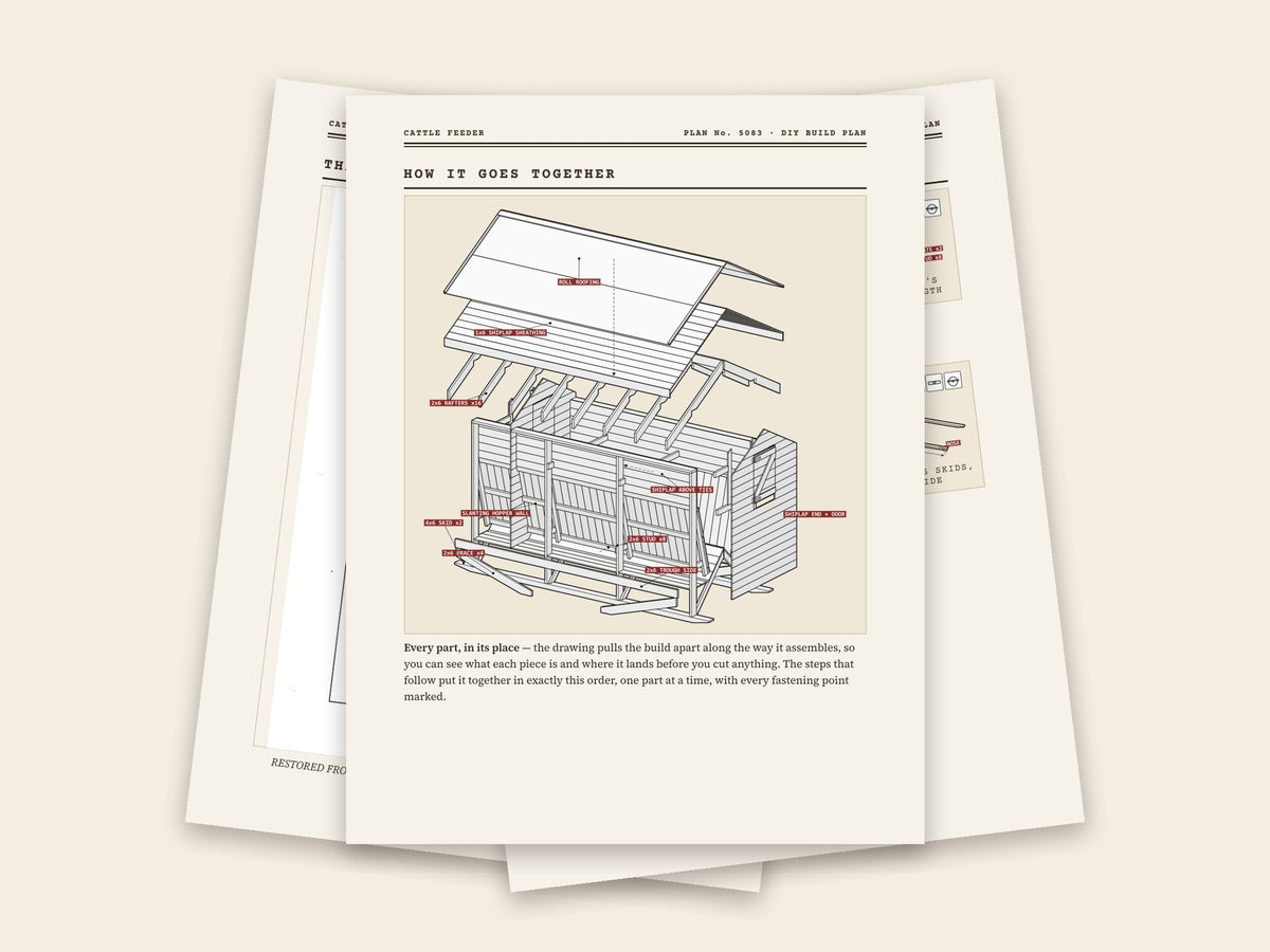 Inside the cattle feeder plan: original sheet, exploded drawing and assembly steps