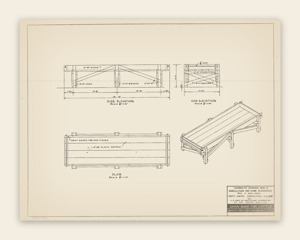 The original USDA plan 5376 sheet for the cattle grain bunk, public domain, restored