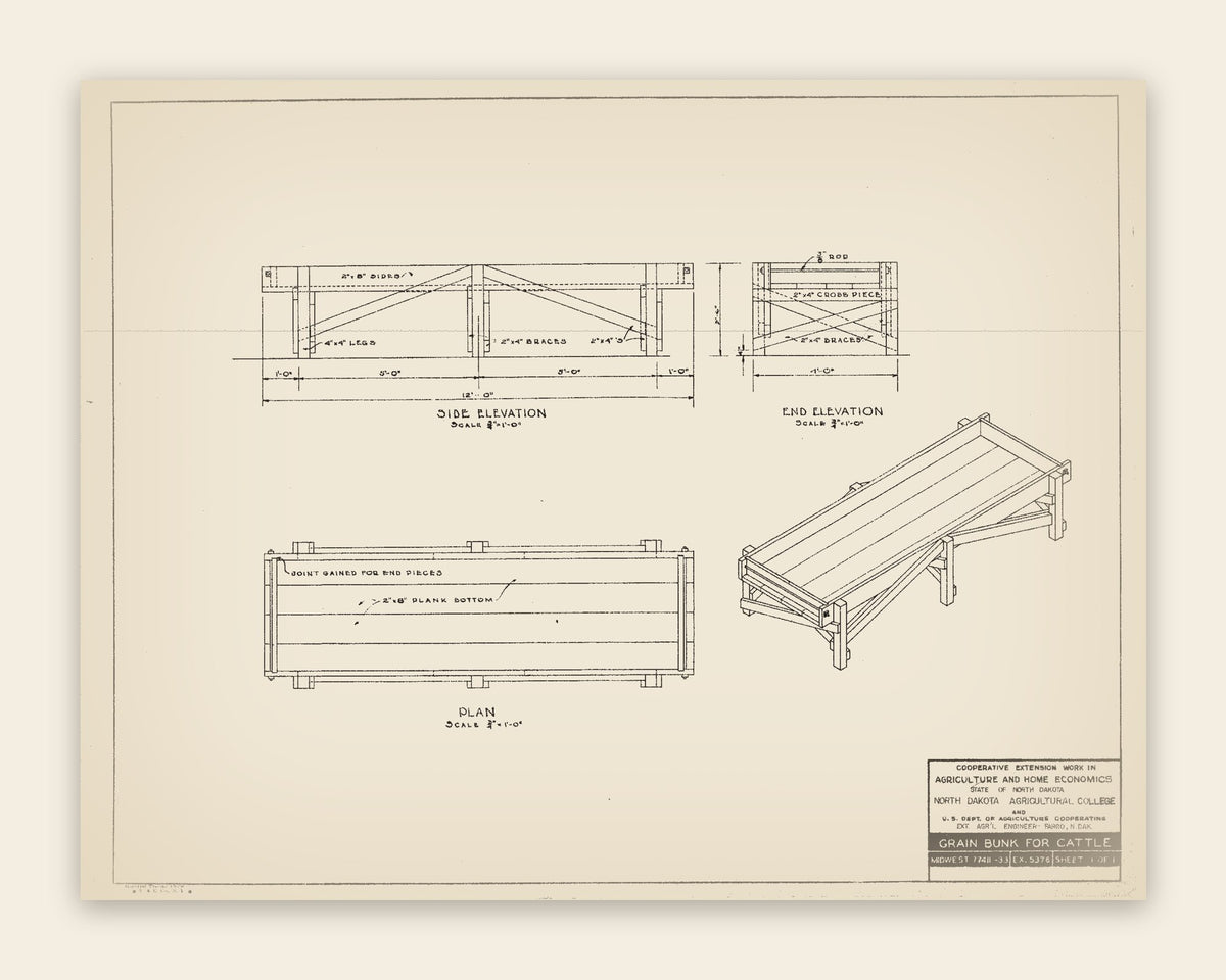 The original USDA plan 5376 sheet for the cattle grain bunk, public domain, restored
