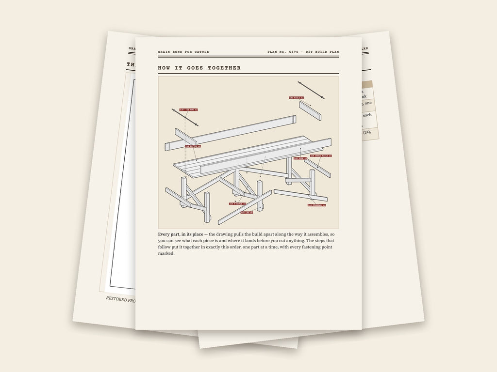 Inside the cattle grain bunk plan: original sheet, exploded drawing and assembly steps