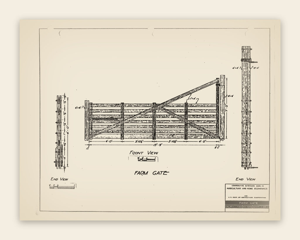 The original USDA plan Calif. 133 EX 5064 sheet for the classic 16-ft board farm gate, public domain, restored