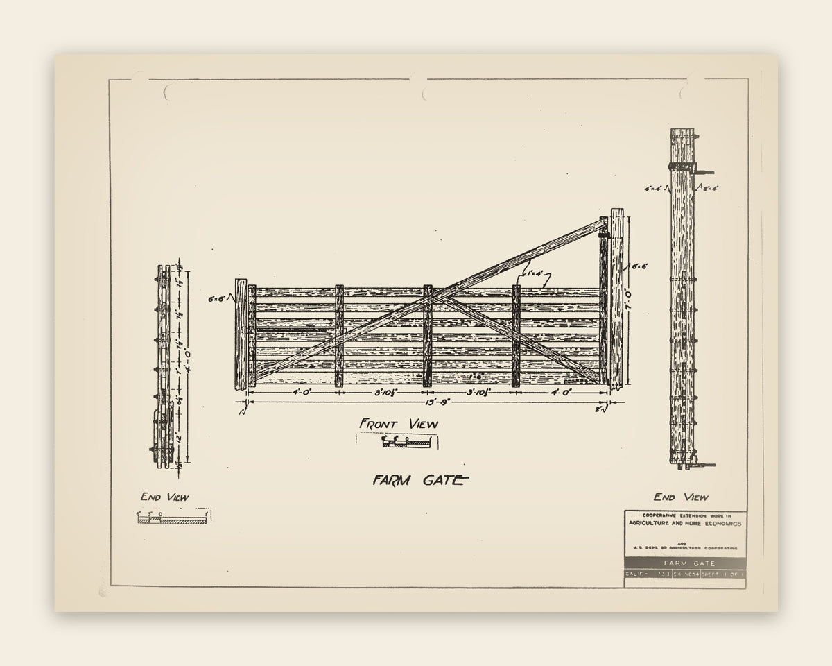 The original USDA plan Calif. 133 EX 5064 sheet for the classic 16-ft board farm gate, public domain, restored