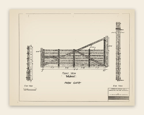 The original USDA plan Calif. 133 EX 5064 sheet for the classic 16-ft board farm gate, public domain, restored