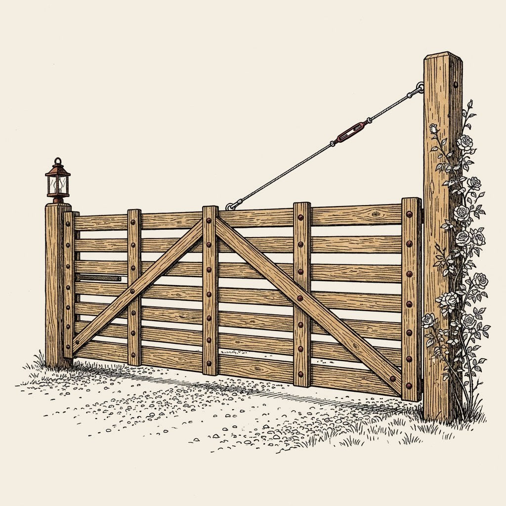 Classic 16-ft Board Farm Gate remixed as a ranch driveway entry