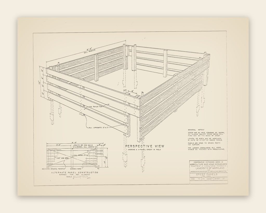 The original USDA plan 5827 sheet for the creep panels for pigs, public domain, restored