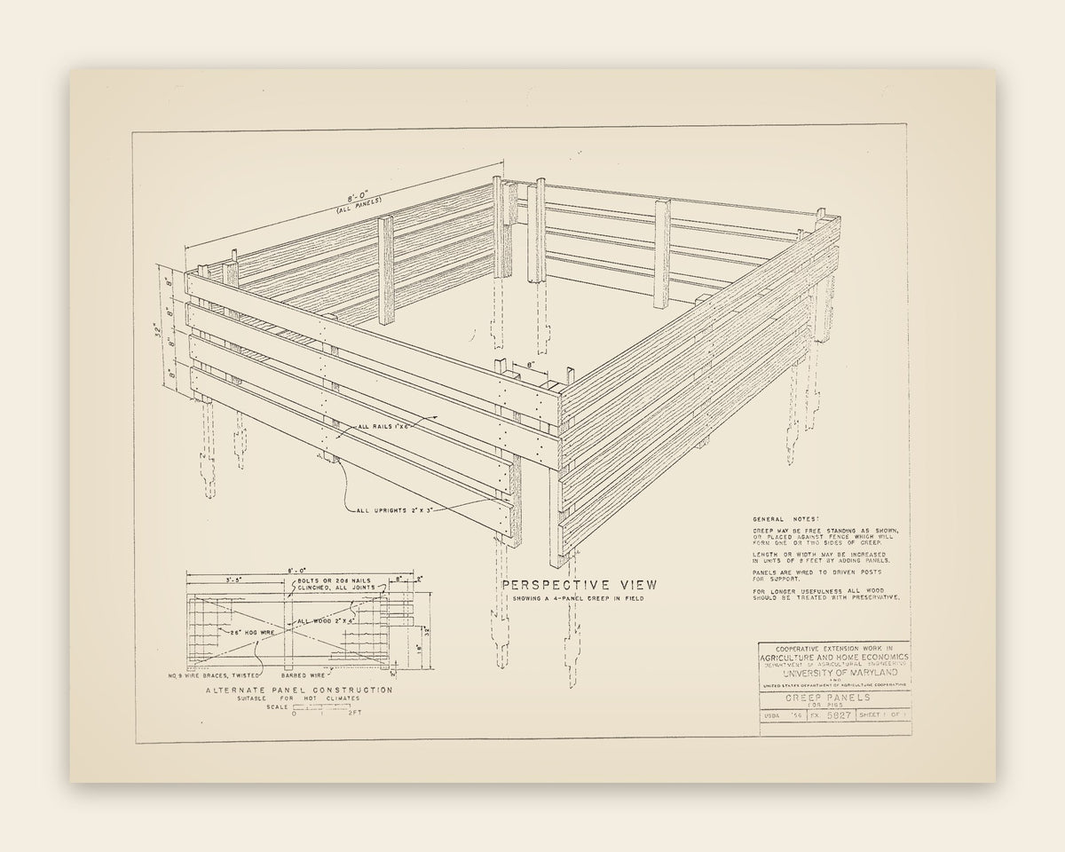 The original USDA plan 5827 sheet for the creep panels for pigs, public domain, restored