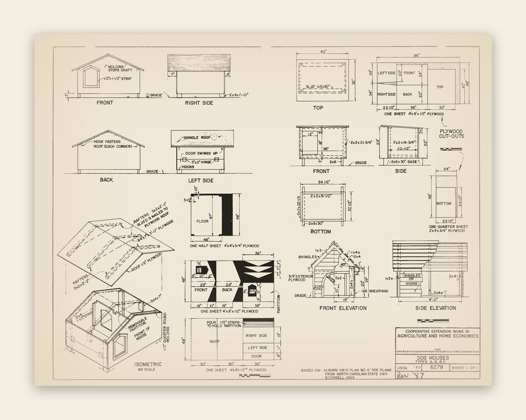 The original USDA plan 6278 sheet for the dog houses — three designs, public domain, restored