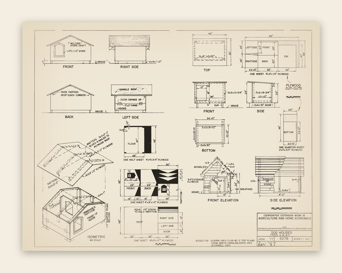 The original USDA plan 6278 sheet for the dog houses — three designs, public domain, restored
