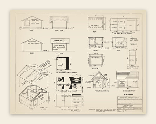 The original USDA plan 6278 sheet for the dog houses — three designs, public domain, restored