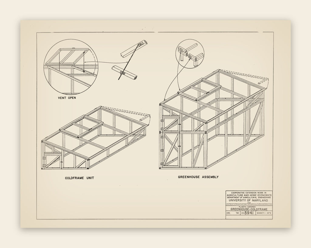 The original USDA plan 5941 sheet for the greenhouse-coldframe, public domain, restored