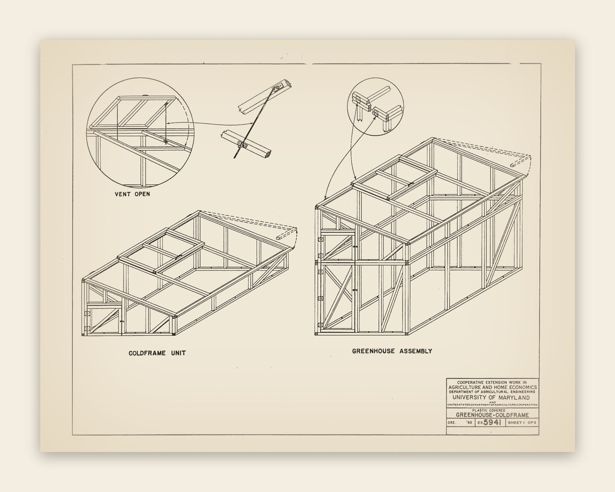 The original USDA plan 5941 sheet for the greenhouse-coldframe, public domain, restored