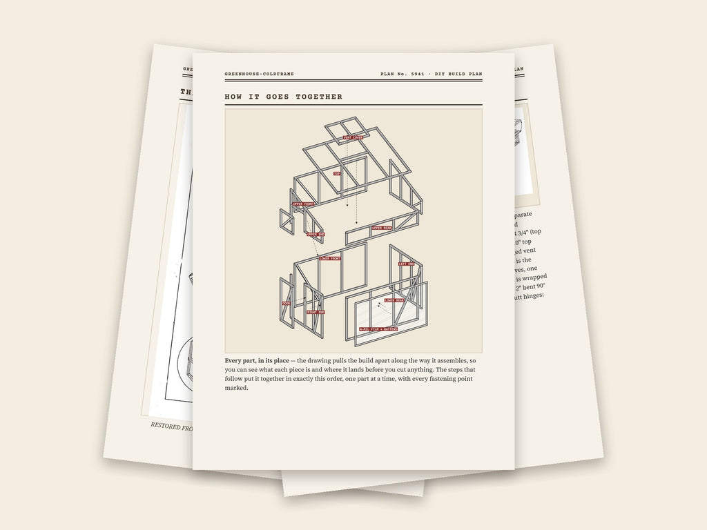 Inside the greenhouse-coldframe plan: original sheet, exploded drawing and assembly steps