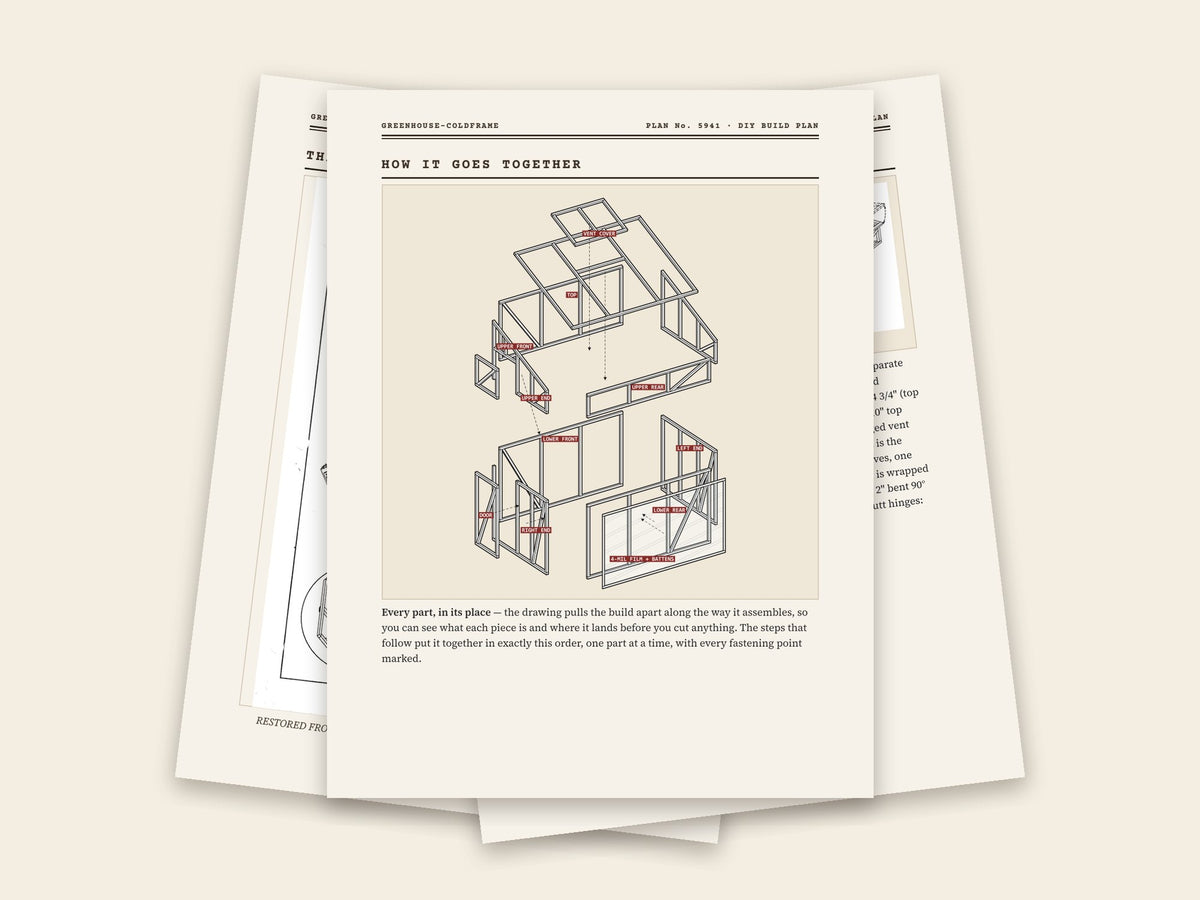 Inside the greenhouse-coldframe plan: original sheet, exploded drawing and assembly steps