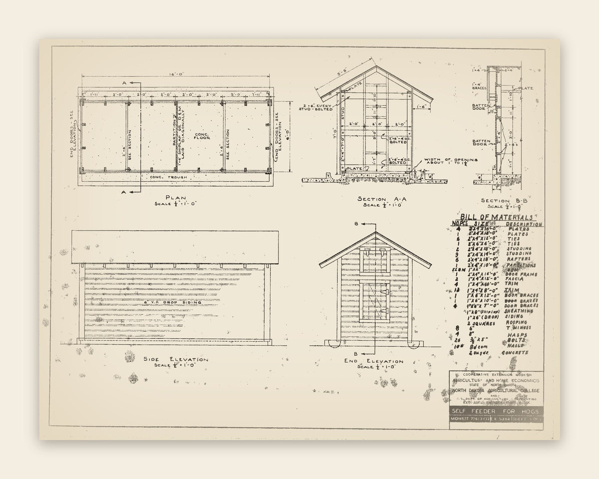 The original USDA plan 5384 sheet for the hog self-feeder, public domain, restored