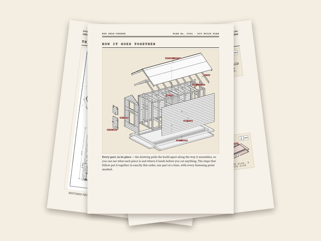 Inside the hog self-feeder plan: original sheet, exploded drawing and assembly steps