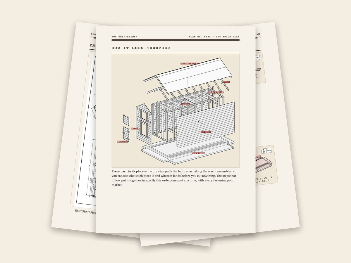 Inside the hog self-feeder plan: original sheet, exploded drawing and assembly steps