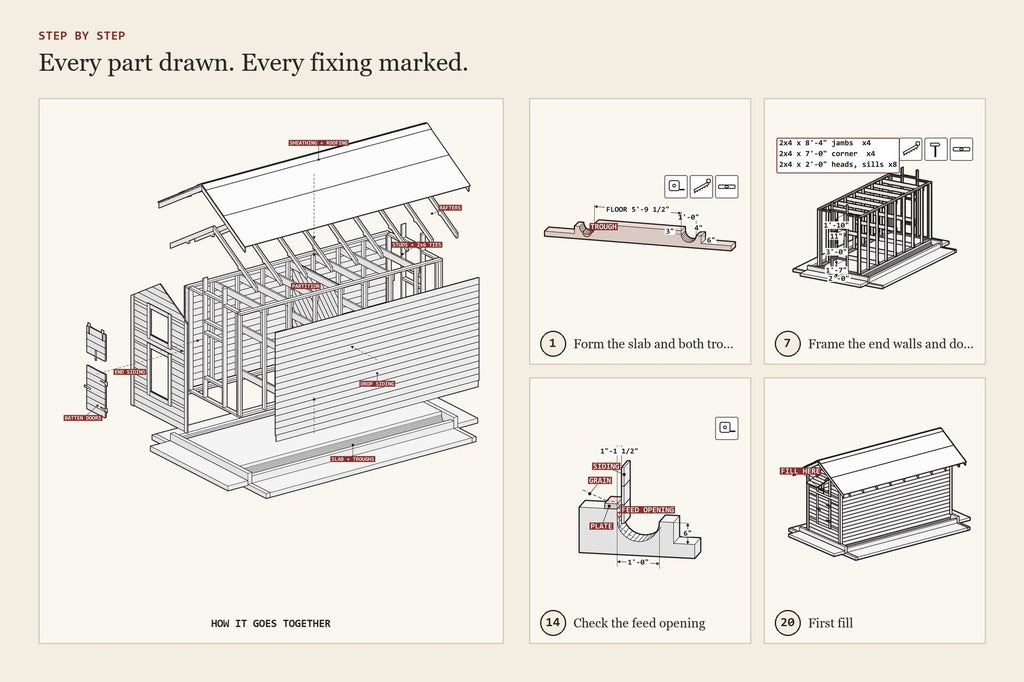 Step-by-step assembly drawings from the hog self-feeder plan