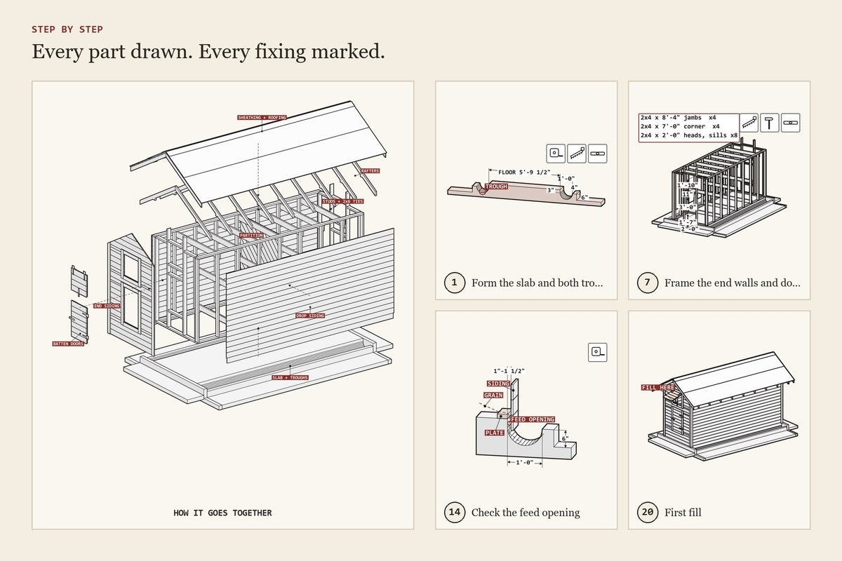 Step-by-step assembly drawings from the hog self-feeder plan