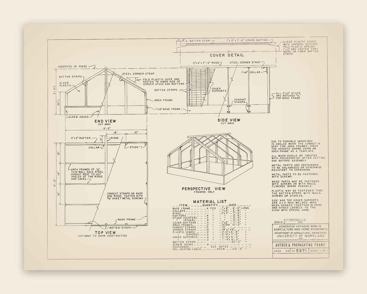 The original USDA plan 5971 sheet for the hotbed & propagating frame, public domain, restored