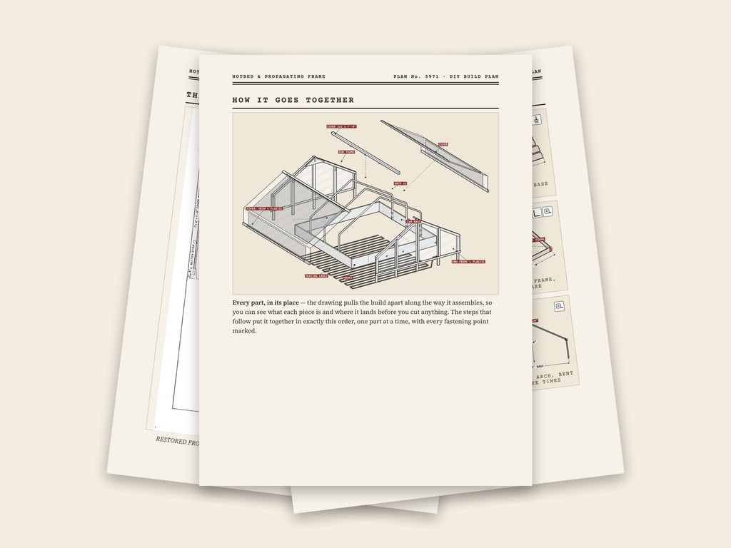 Inside the hotbed & propagating frame plan: original sheet, exploded drawing and assembly steps
