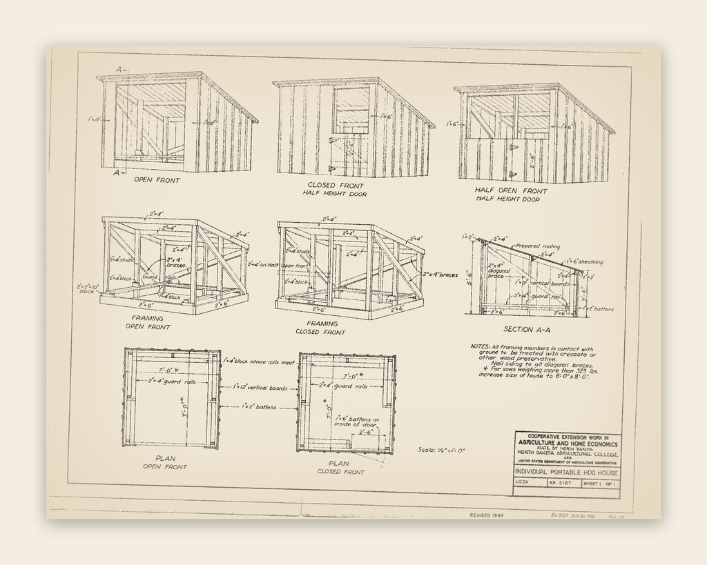 The original USDA plan 5127 sheet for the individual portable hog house, public domain, restored