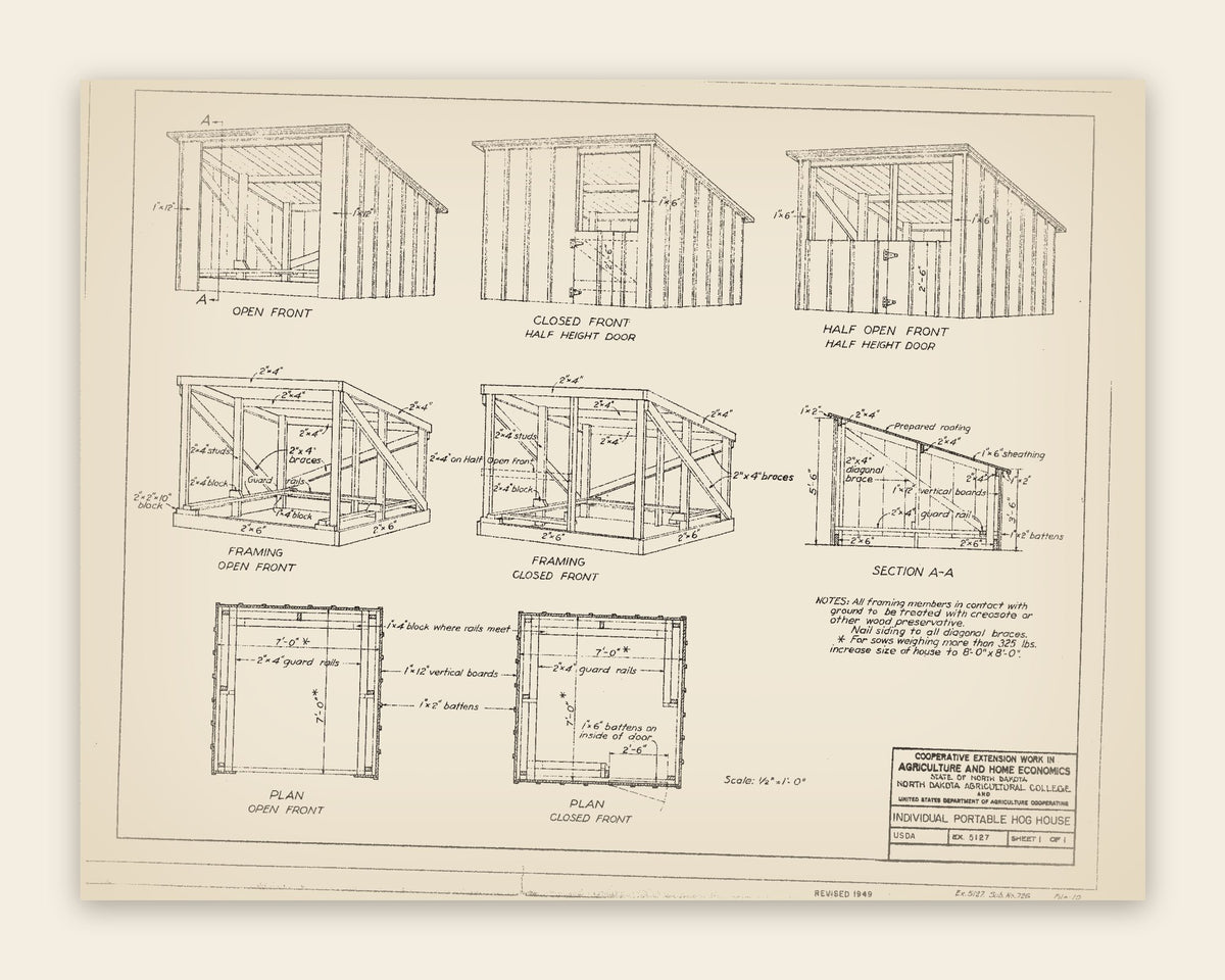 The original USDA plan 5127 sheet for the individual portable hog house, public domain, restored