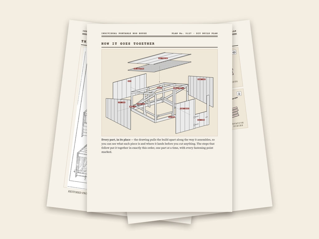 Inside the individual portable hog house plan: original sheet, exploded drawing and assembly steps