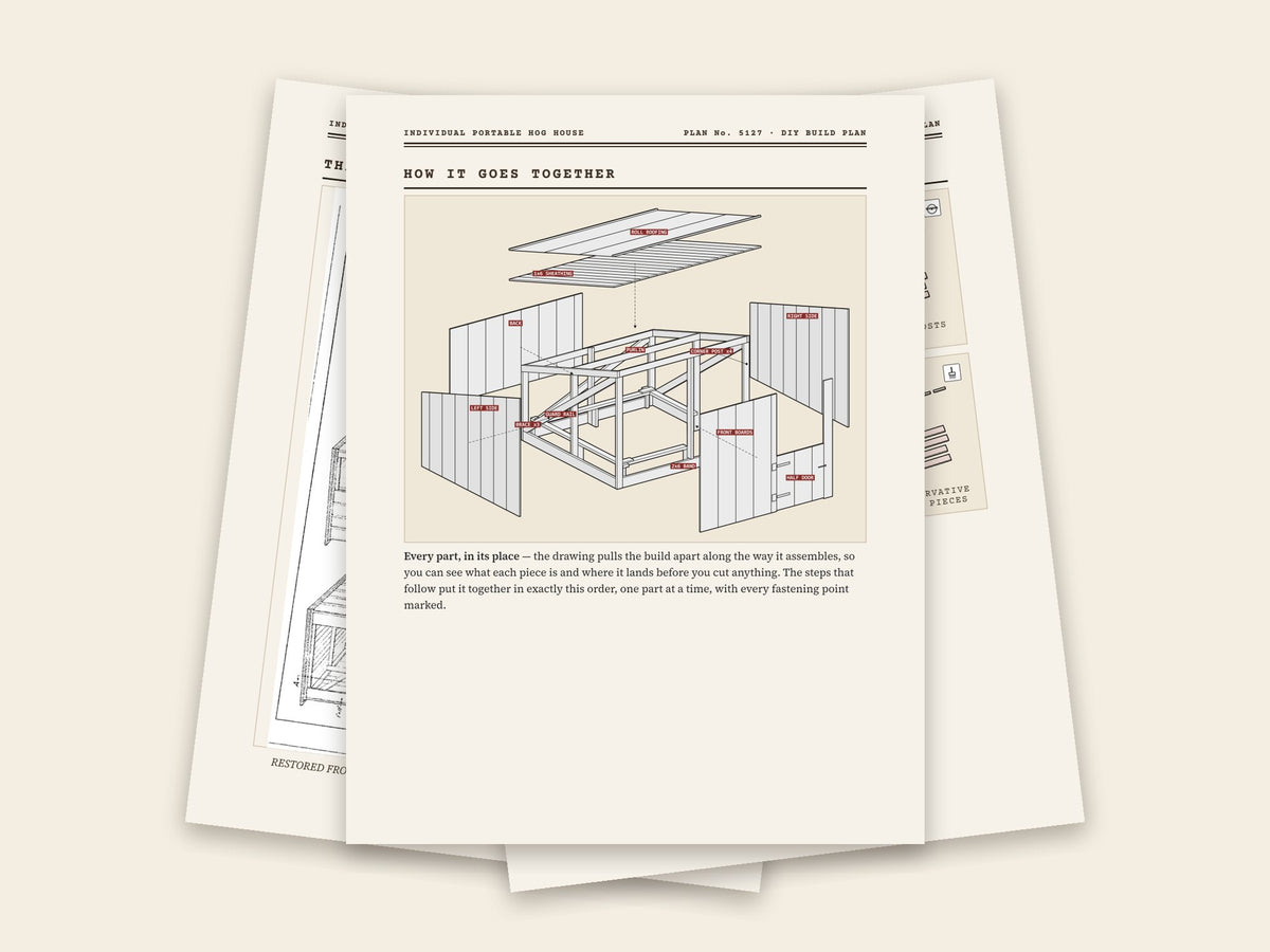 Inside the individual portable hog house plan: original sheet, exploded drawing and assembly steps