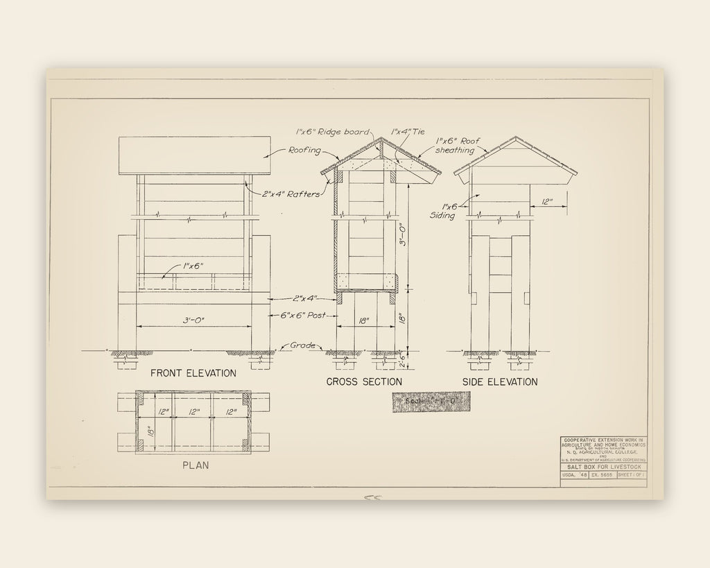 The original USDA plan 5655 sheet for the livestock salt box, public domain, restored