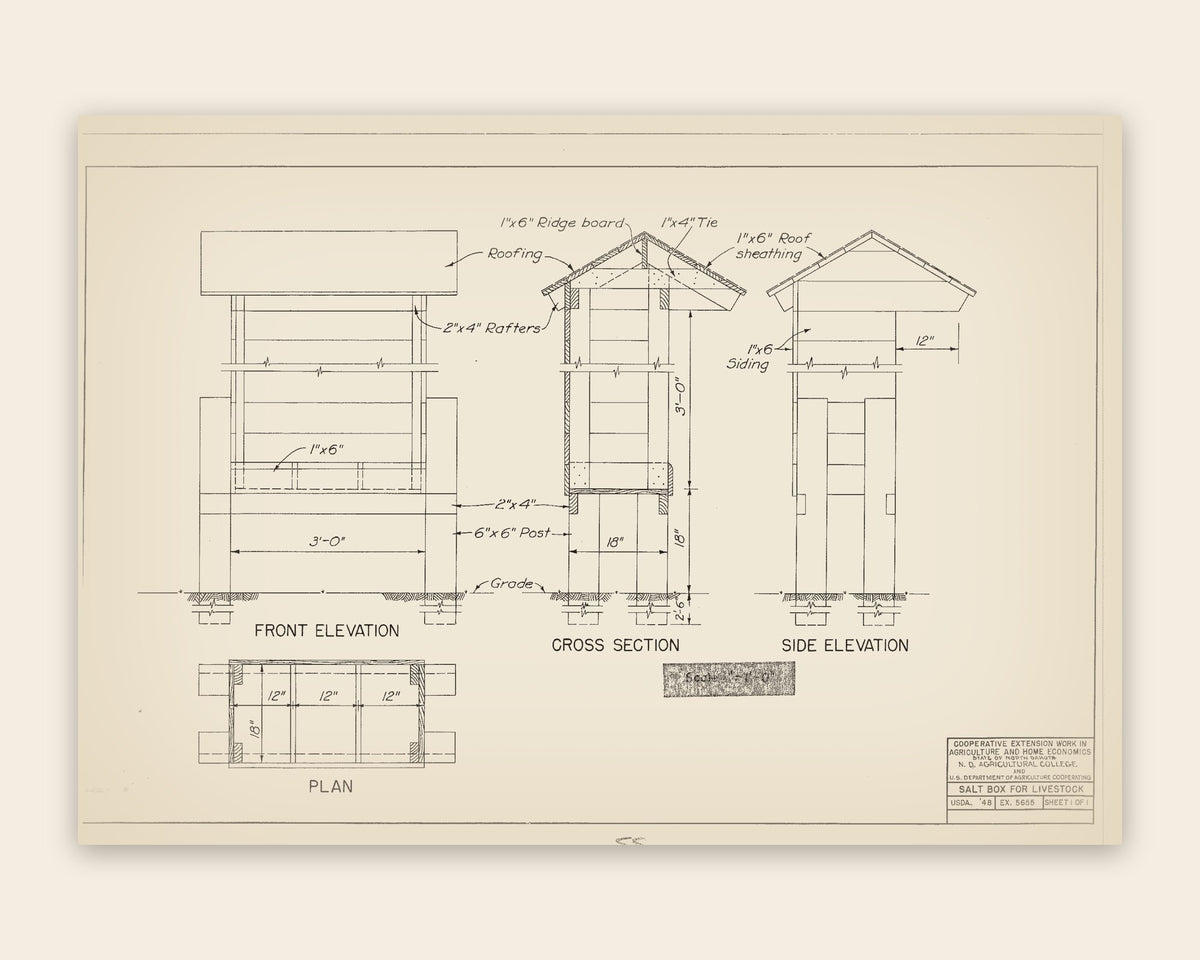 The original USDA plan 5655 sheet for the livestock salt box, public domain, restored