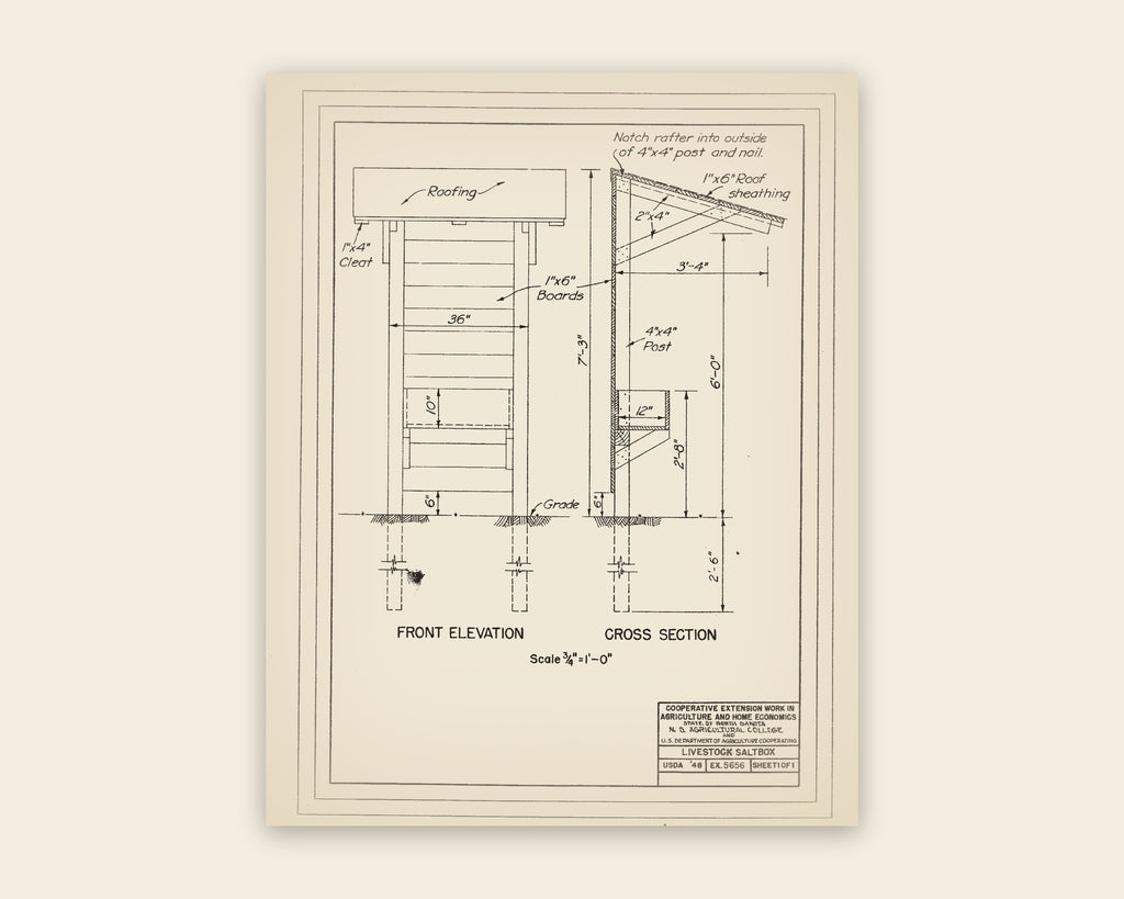 The original USDA plan 5656 sheet for the livestock saltbox shelter, public domain, restored