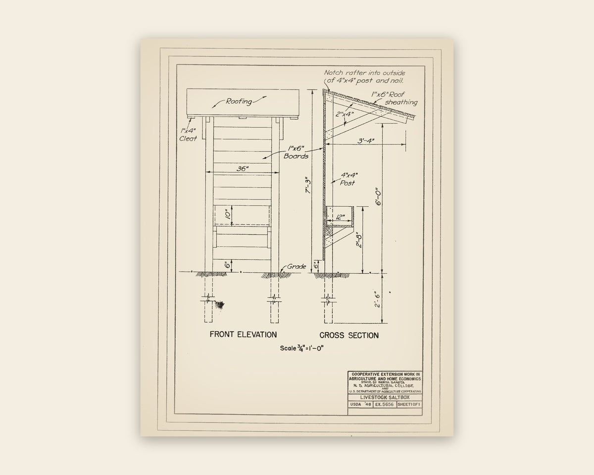 The original USDA plan 5656 sheet for the livestock saltbox shelter, public domain, restored