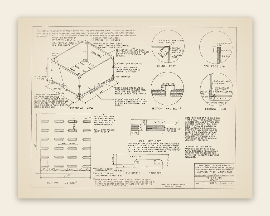 The original USDA plan 6120 sheet for the plywood pallet bin · 47 × 40, public domain, restored
