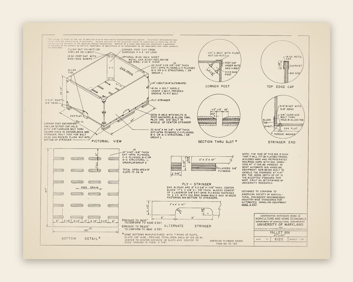 The original USDA plan 6120 sheet for the plywood pallet bin · 47 × 40, public domain, restored