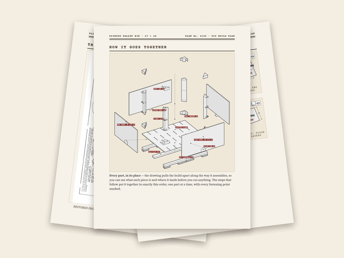 Inside the plywood pallet bin · 47 × 40 plan: original sheet, exploded drawing and assembly steps