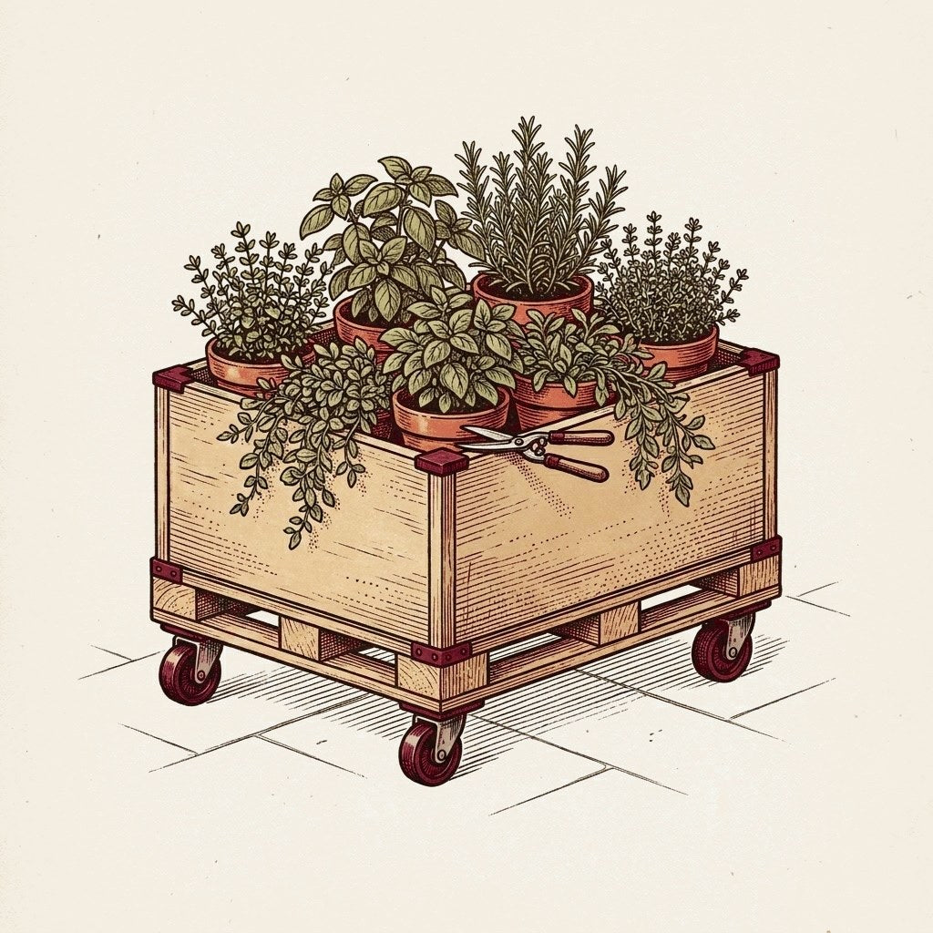 Plywood Pallet Bin · 47 × 40 remixed as a rolling herb cart