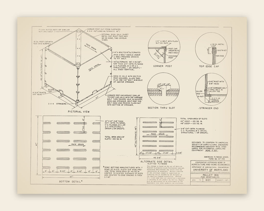 The original USDA plan 6121 sheet for the plywood pallet bin for vegetables, public domain, restored