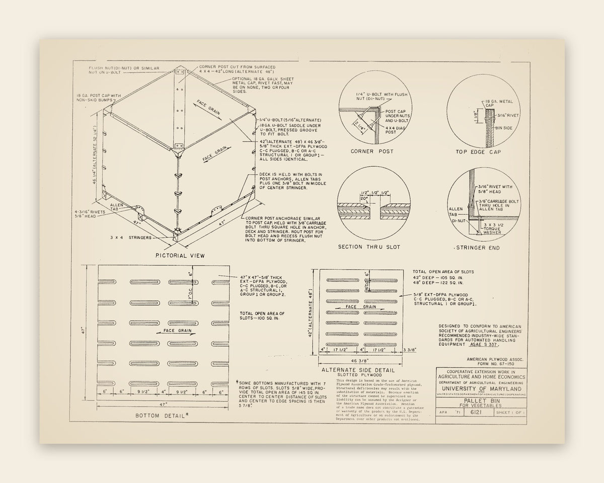 The original USDA plan 6121 sheet for the plywood pallet bin for vegetables, public domain, restored