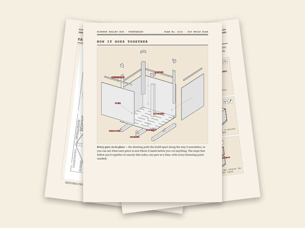 Inside the plywood pallet bin for vegetables plan: original sheet, exploded drawing and assembly steps
