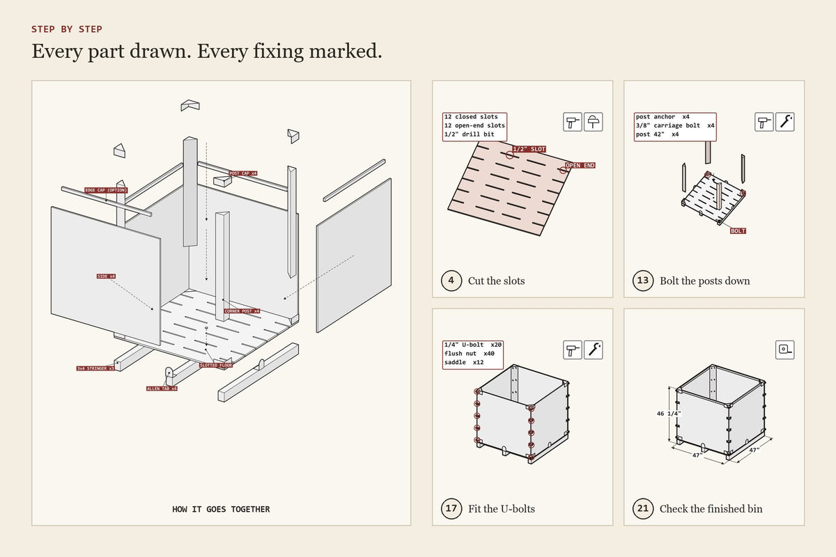 Step-by-step assembly drawings from the plywood pallet bin for vegetables plan