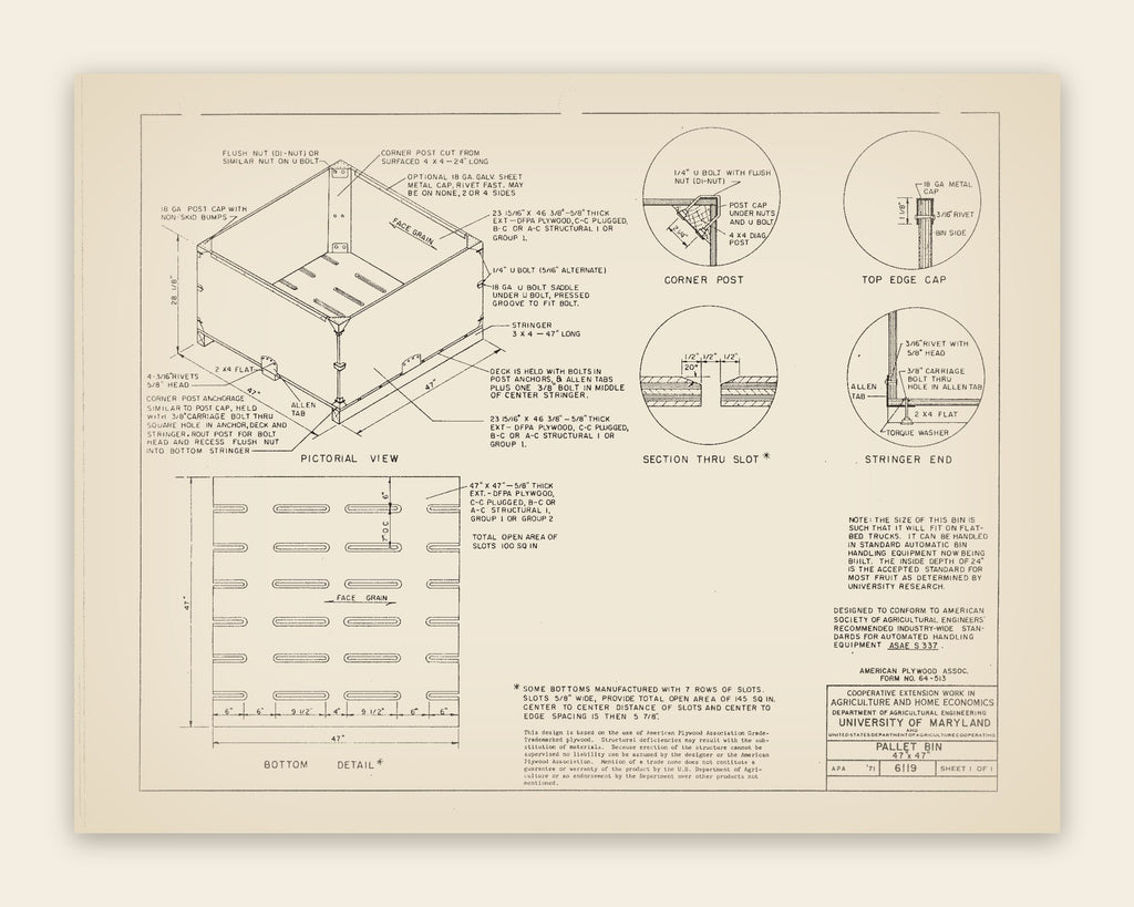 The original USDA plan 6119 sheet for the plywood pallet bin, public domain, restored