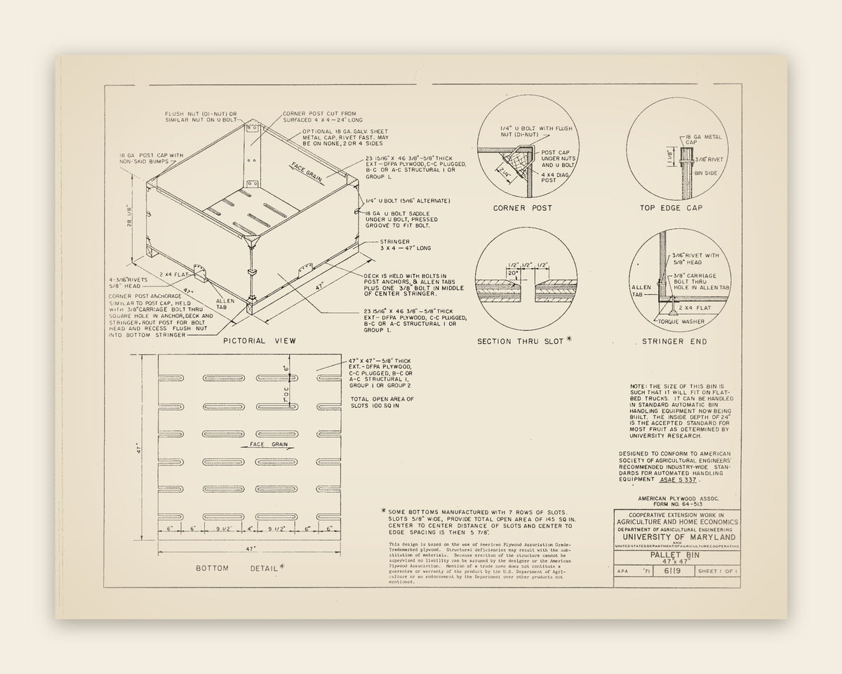 The original USDA plan 6119 sheet for the plywood pallet bin, public domain, restored